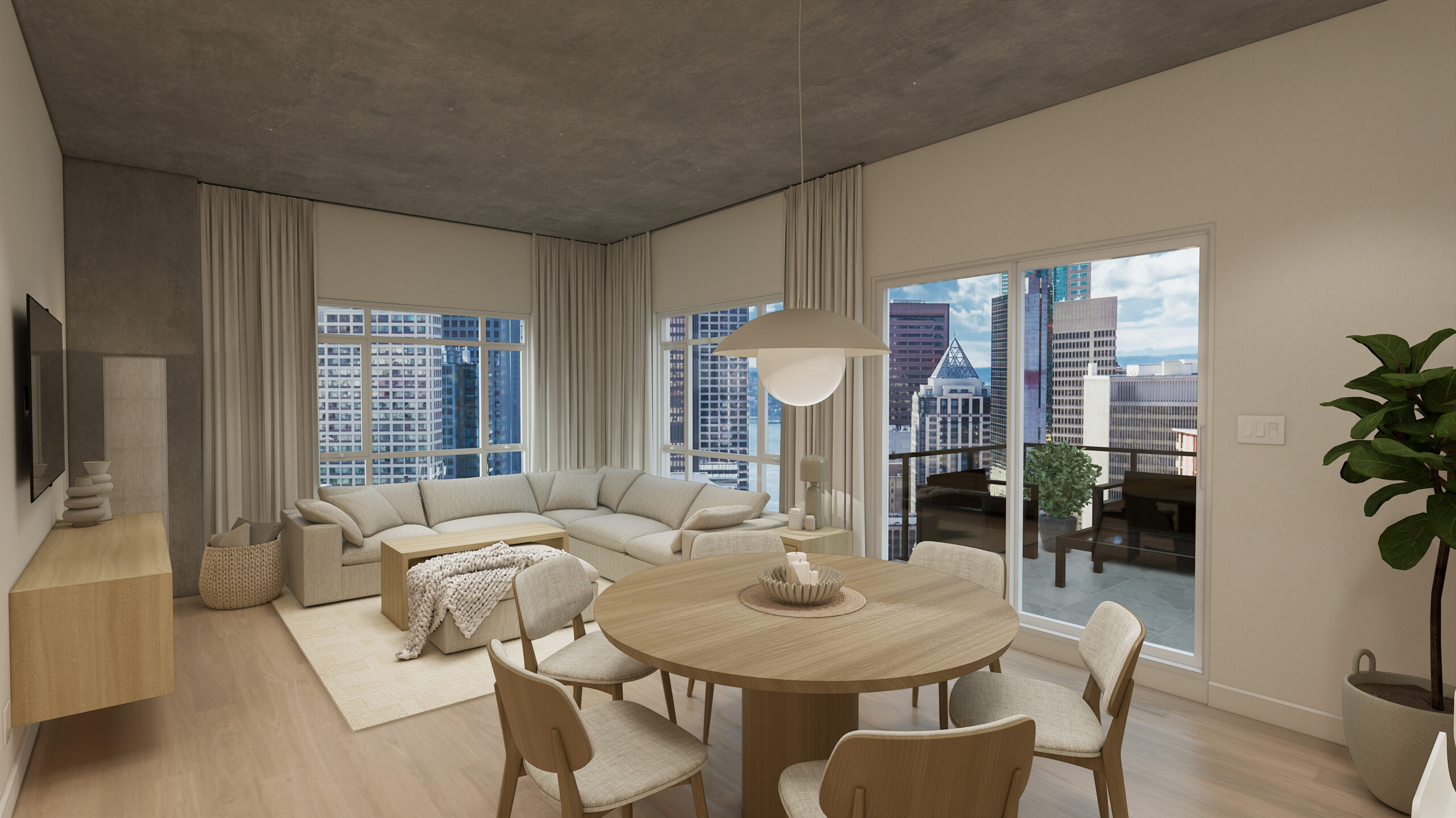 Modern Scandinavian living and dining room with city view